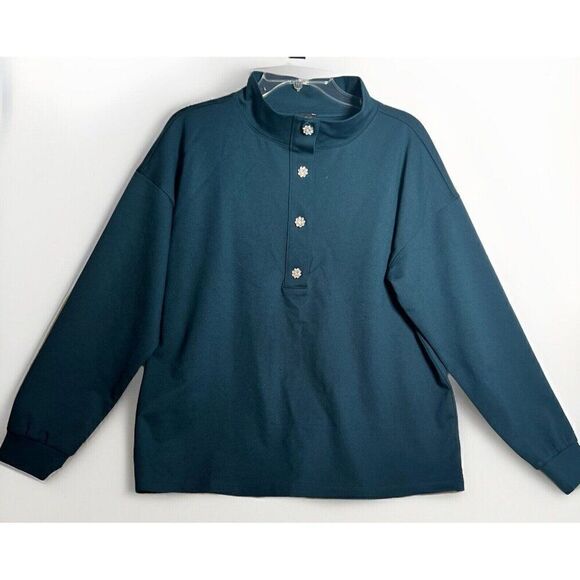 ANN TAYLOR NWT Long Sleeve Dark Academia Teal Mock Neck Bling Buttons L.     G - Picture 1 of 8